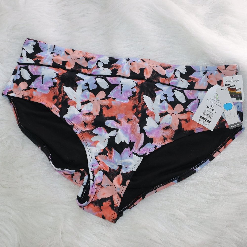 Time and Tru Retro High-Waist Bikini Bottom - Black with Floral Pattern